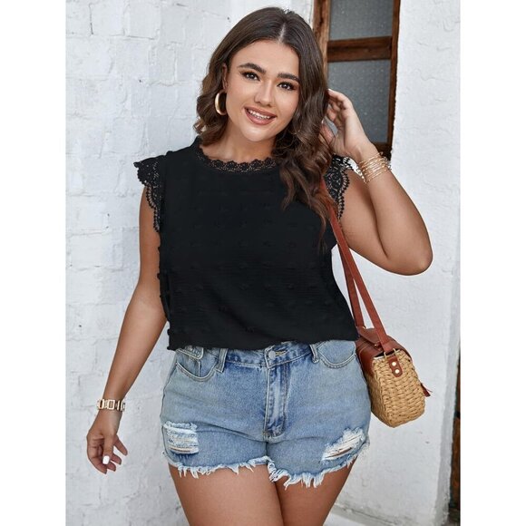 Women Plus Size Tank Top Lace Trim Swiss Dot Sleeveless Casual Blouse - Picture 2 of 6